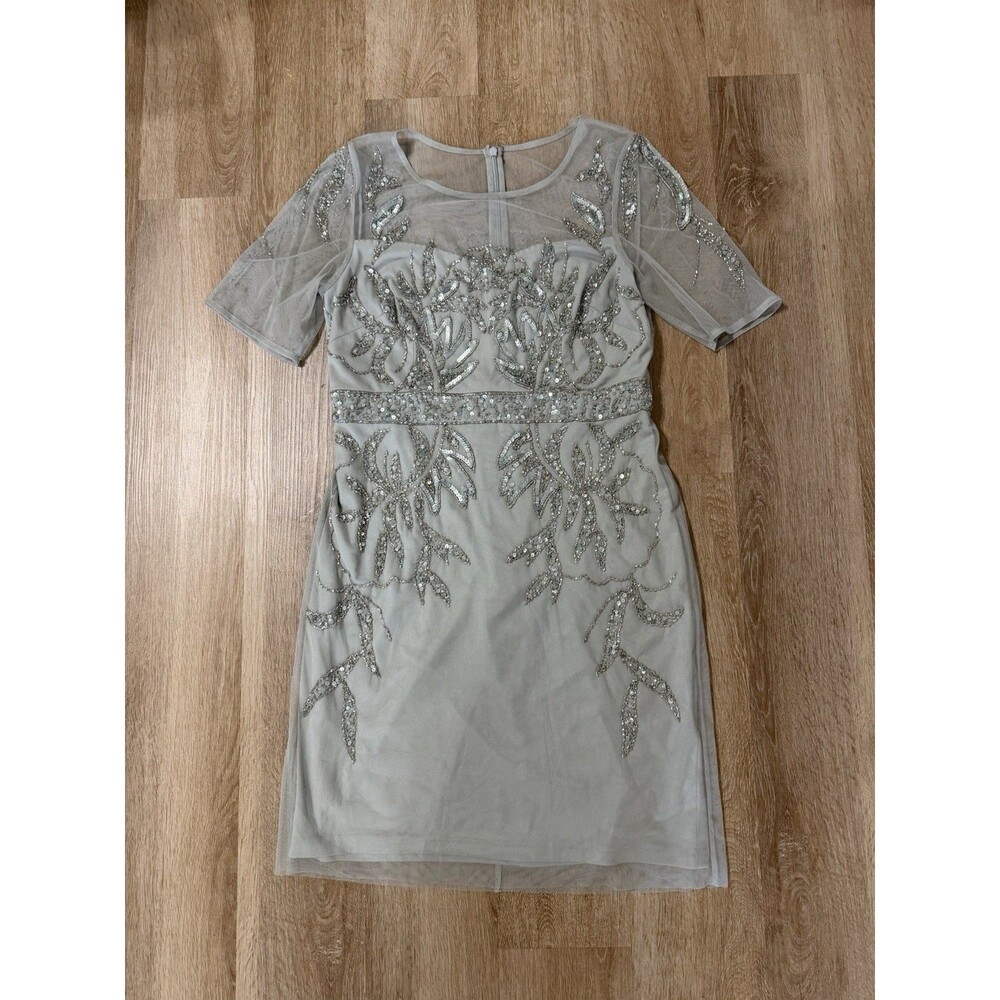 Papell Studio Knee Length Beaded Cocktail Formal Dress Blue Silver Women’s 10